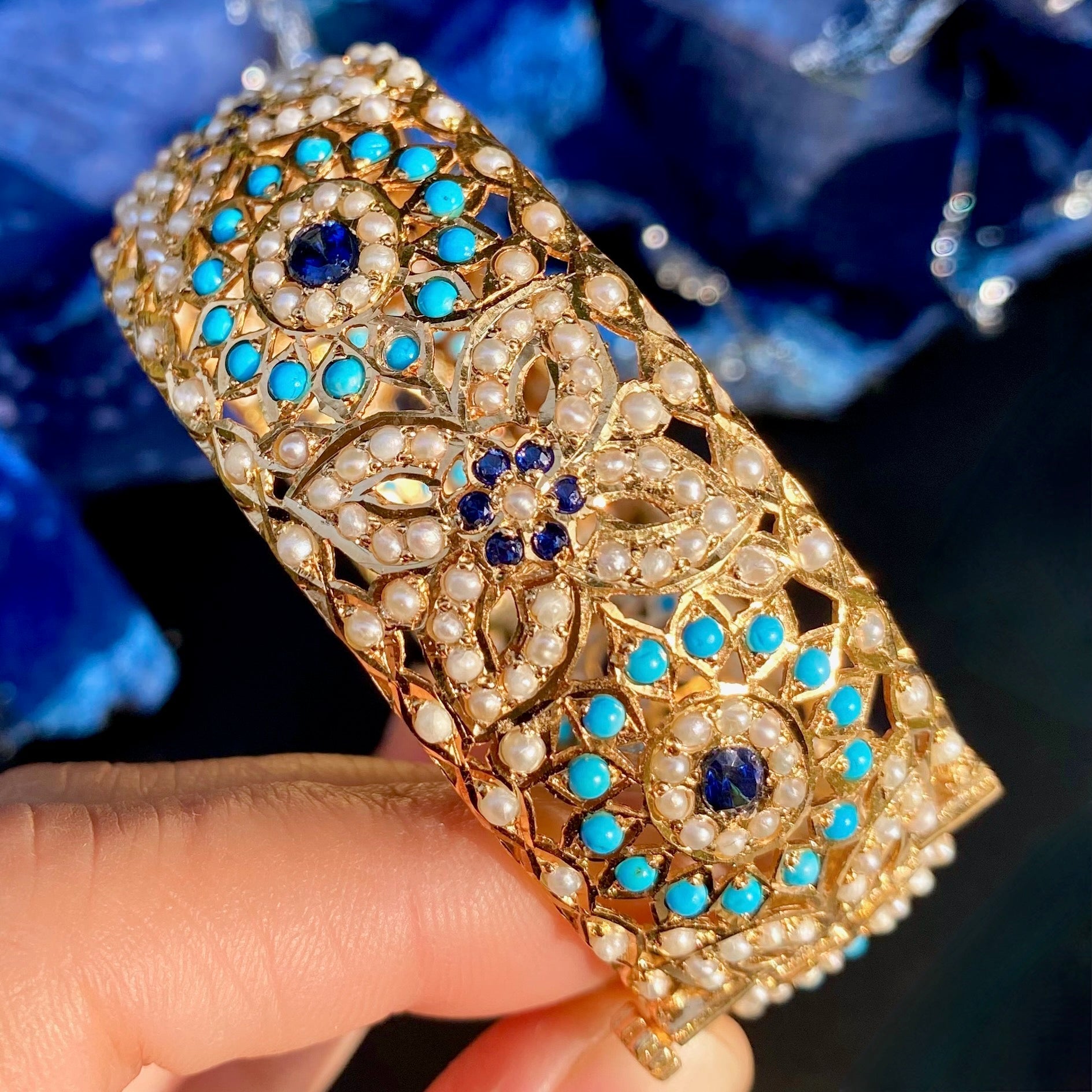 Turquoise Pearl Sapphire Kada | Broad Bangles | Gold Plated Silver | BG 097