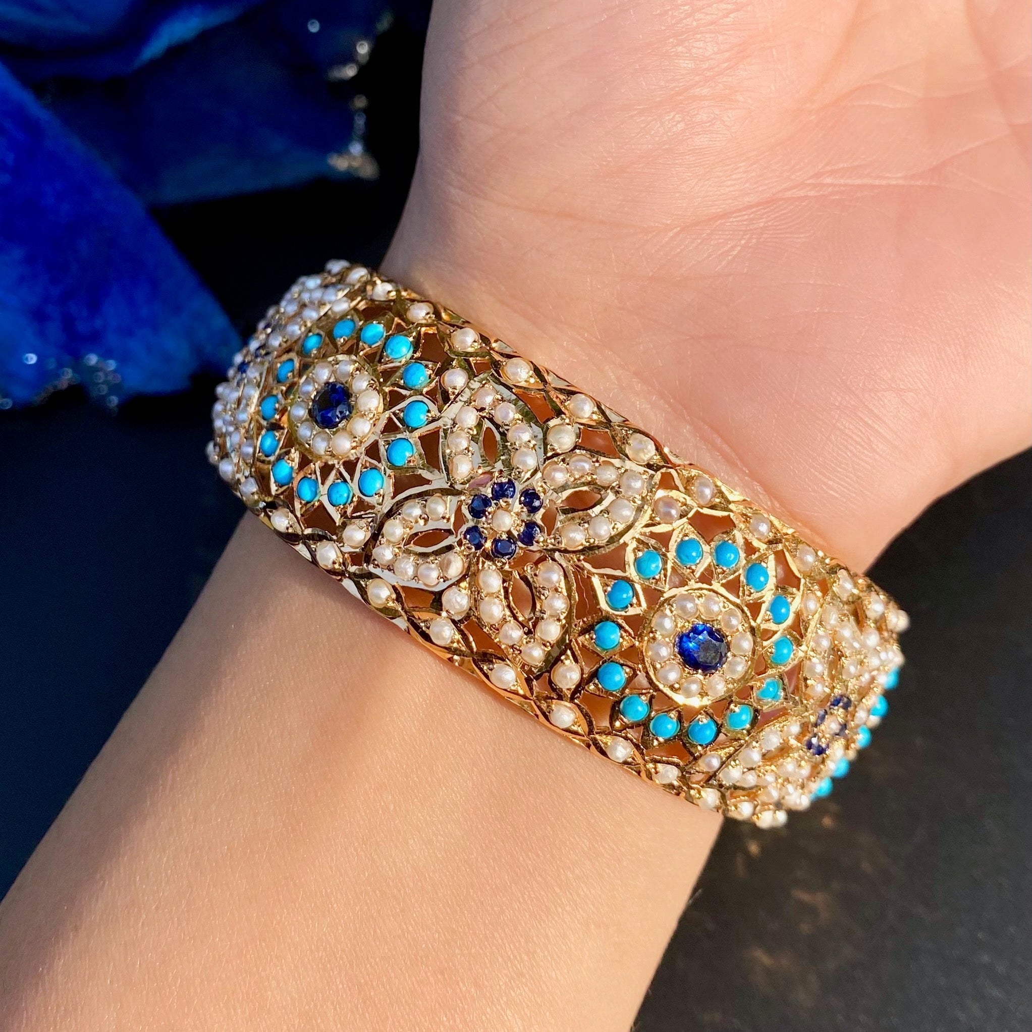 Turquoise Pearl Sapphire Kada | Broad Bangles | Gold Plated Silver | BG 097