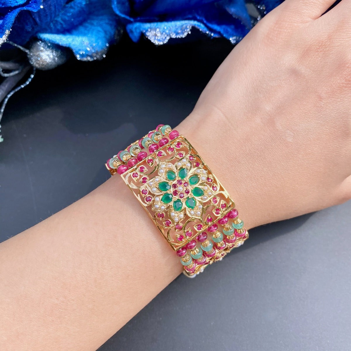 rajasthani jadau bracelet in gold plated silver