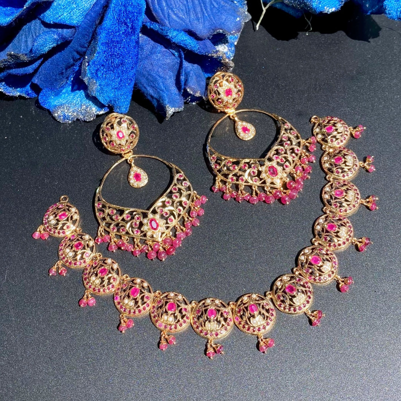 Delicate Ruby Necklace with Statement Earrings | Jadau Jewellery | NS 309