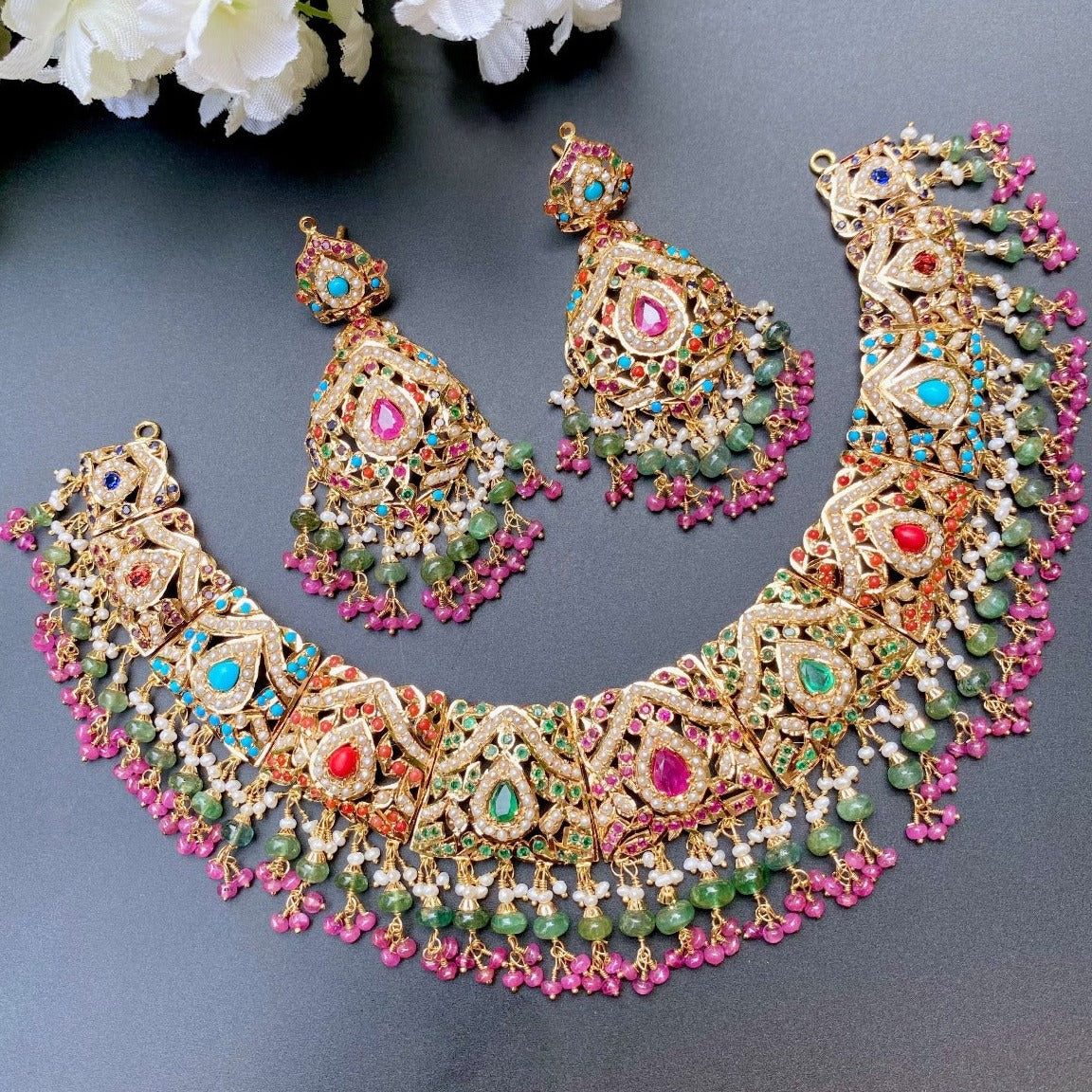 party wear 22 karat 22k gold necklace in navaratna colors