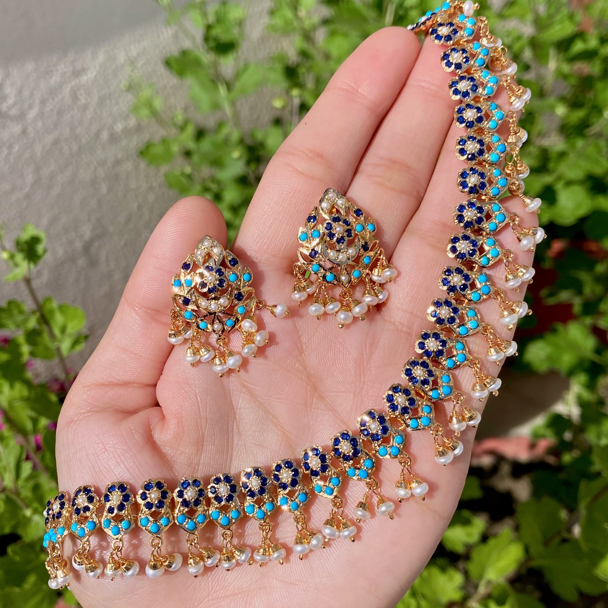 Delicate Necklace with Sapphire Feroza Combination | Delicate Jadau Necklace Set | NS 496