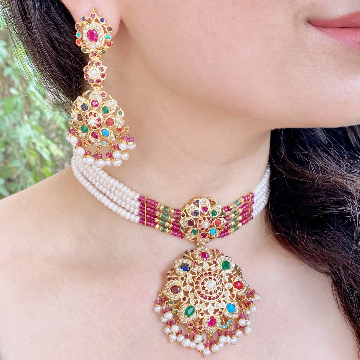 layered navratna choker with pearls