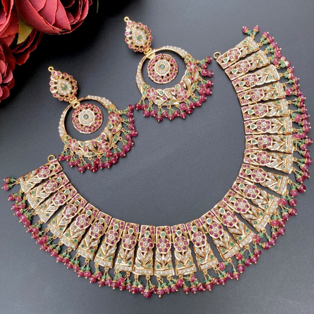 evergreen multicoloured gold jadau necklace set