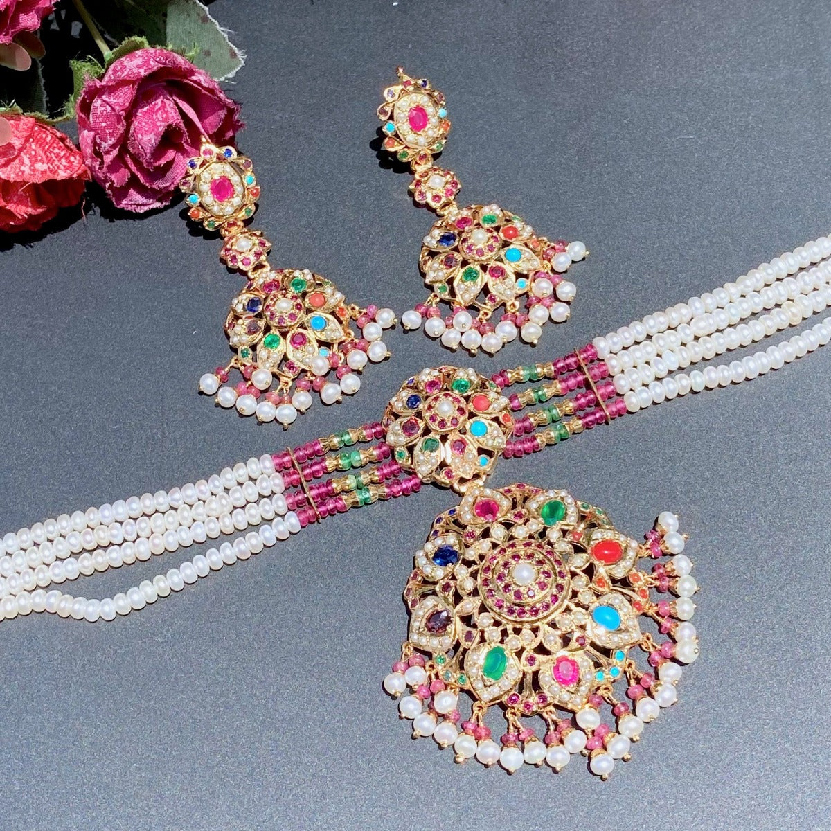 Navaratna jewellery on silver with gold plating