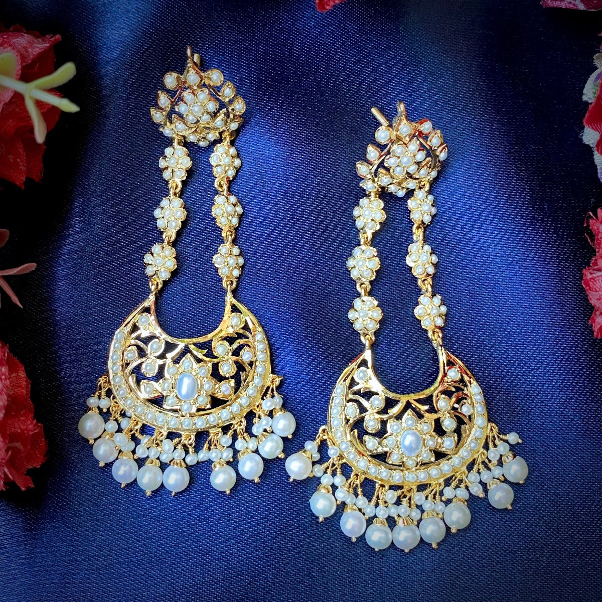 long indian gold plated chandbali earrings