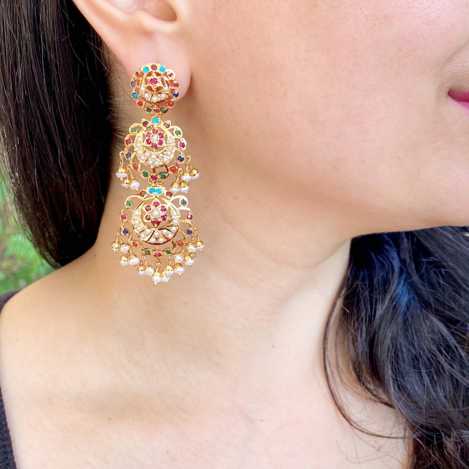 Navaratna Danglers | Gold Plated Silver Earrings | Long Indian Earrings for Girls ER 584