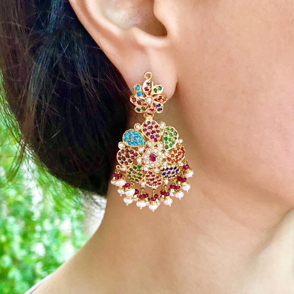 Jadau Earrings in 22k in Navratna Colors GER 017