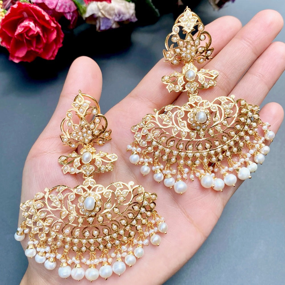 long indian gold plated jadau earrings in silver studded with pearls