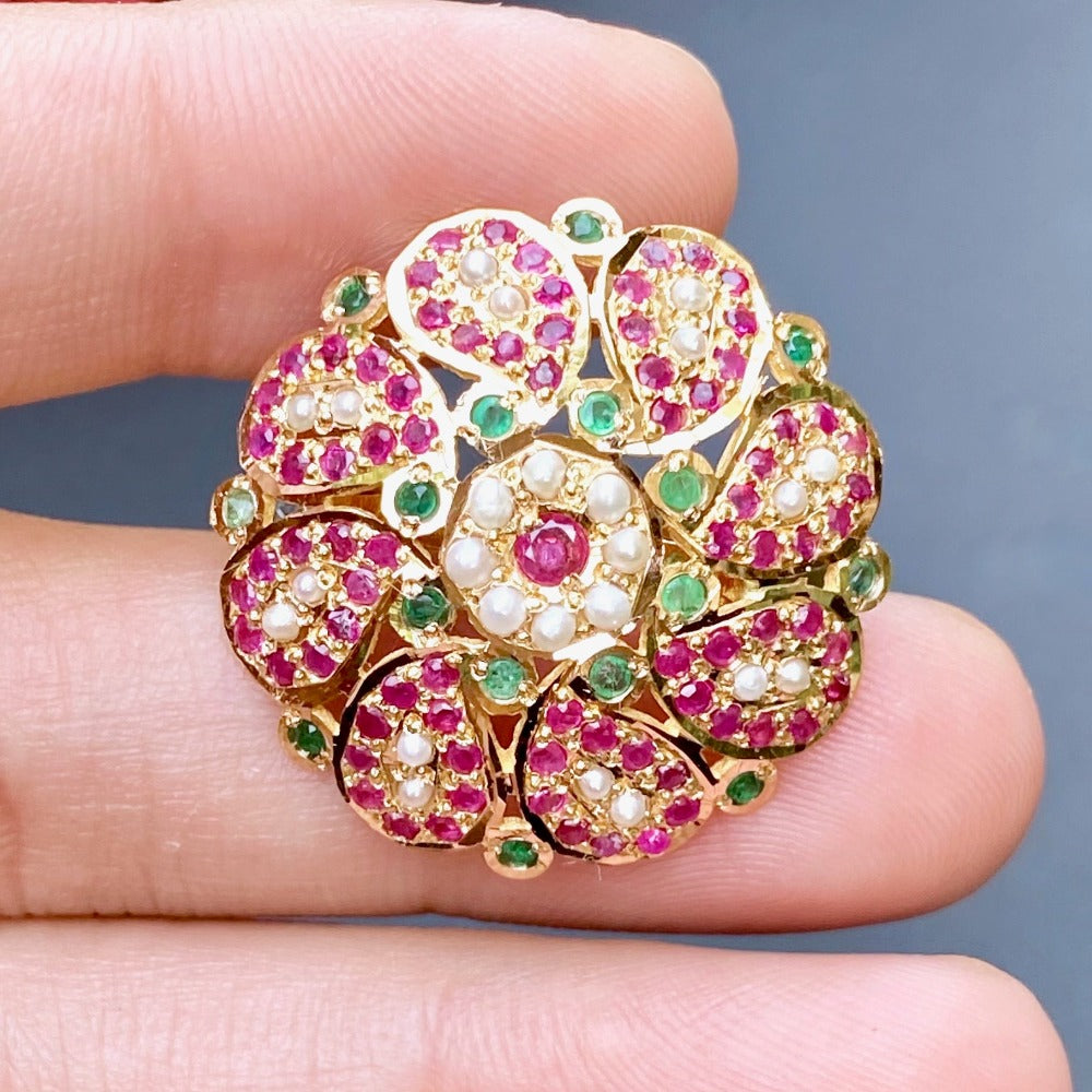 Jadau Ring For Ladies | 22ct Hallmarked Gold |  Ruby Emerald & Pearls GLR 097