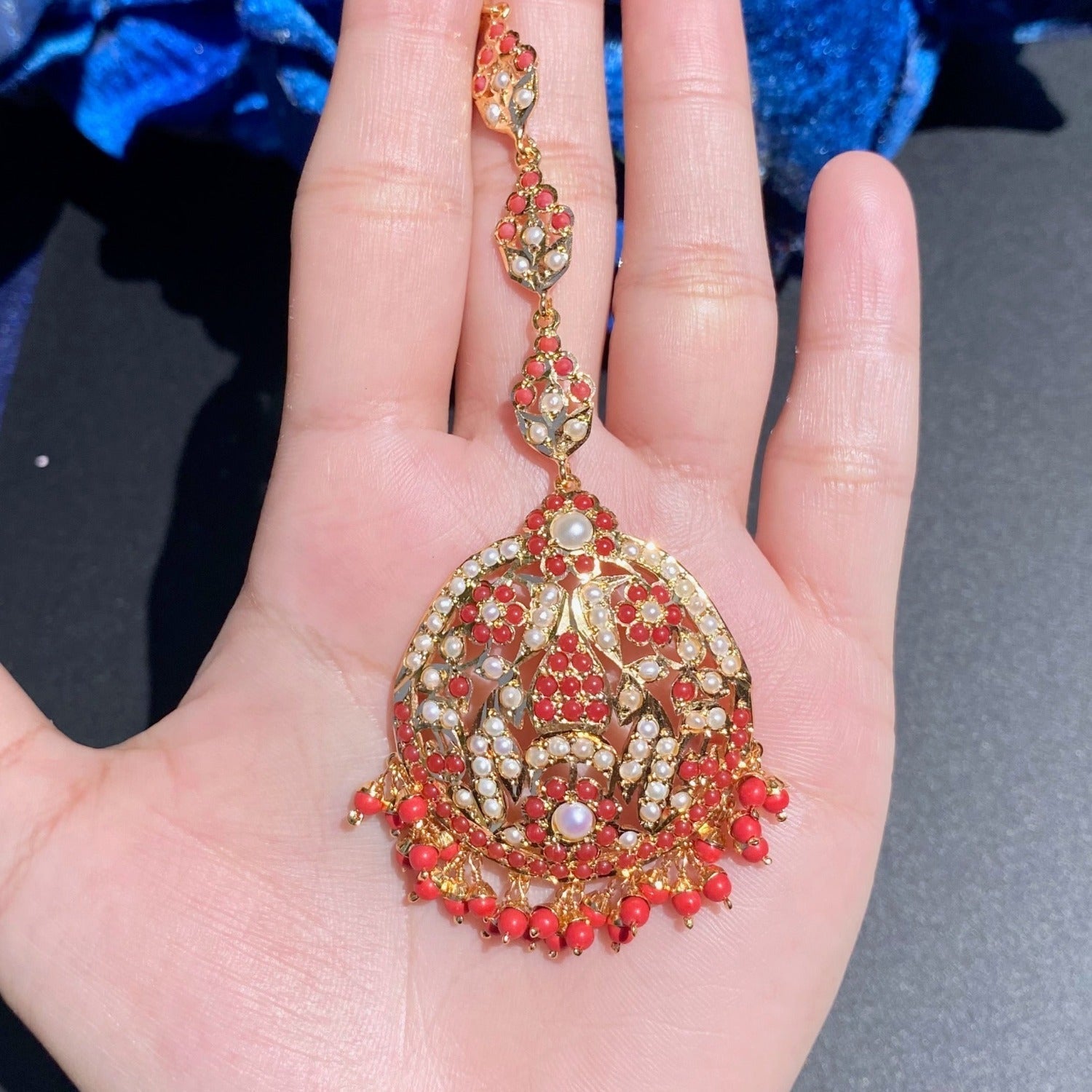 Coral Maang Tikka | Indian Jadau Tikka For Women | Gold Plated on Silver TK 084