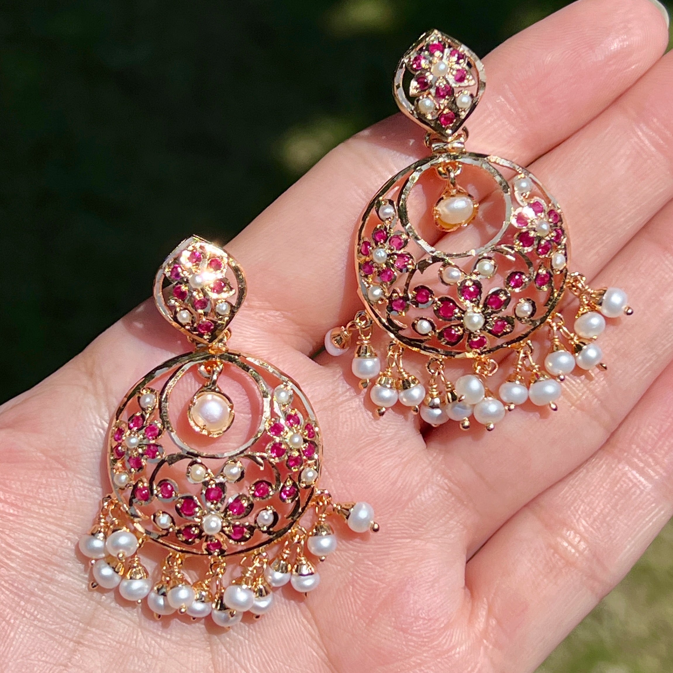 Delicate & Simple Ruby Pearl Chandbali Earrings | Dainty Aintique Indian Earrings | Gold Plated Silver ER 646