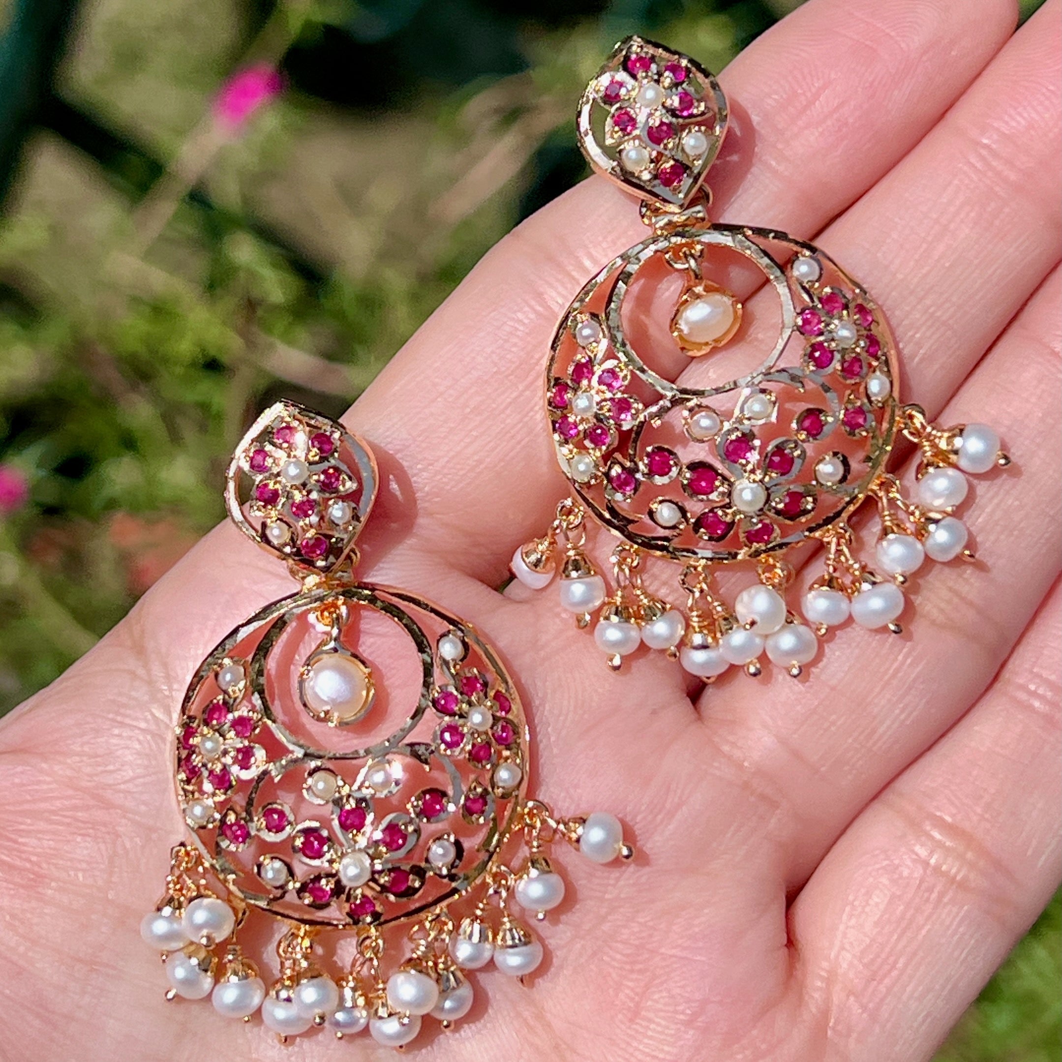 Delicate & Simple Ruby Pearl Chandbali Earrings | Dainty Aintique Indian Earrings | Gold Plated Silver ER 646