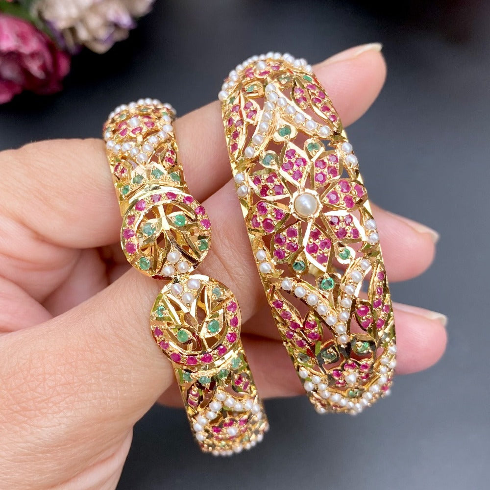 real gold jadau bangles with ruby emerald bangles tanishq