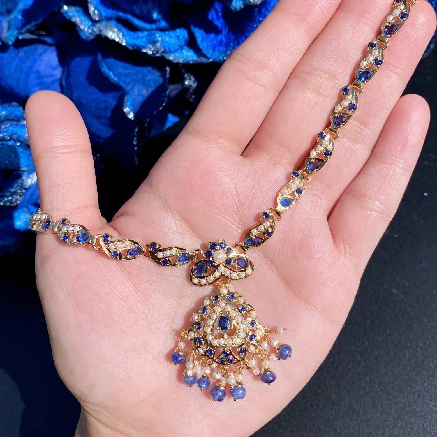 Jadau Set with Blue Sapphires & Pearls | Navy Blue & Pearl Combination NS 329