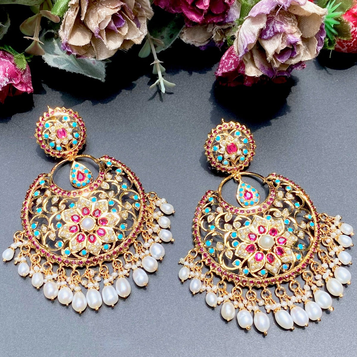 large traditional pakistani gold polished silver earrings