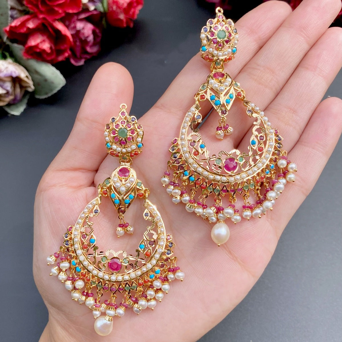 navratna chandbali earrings