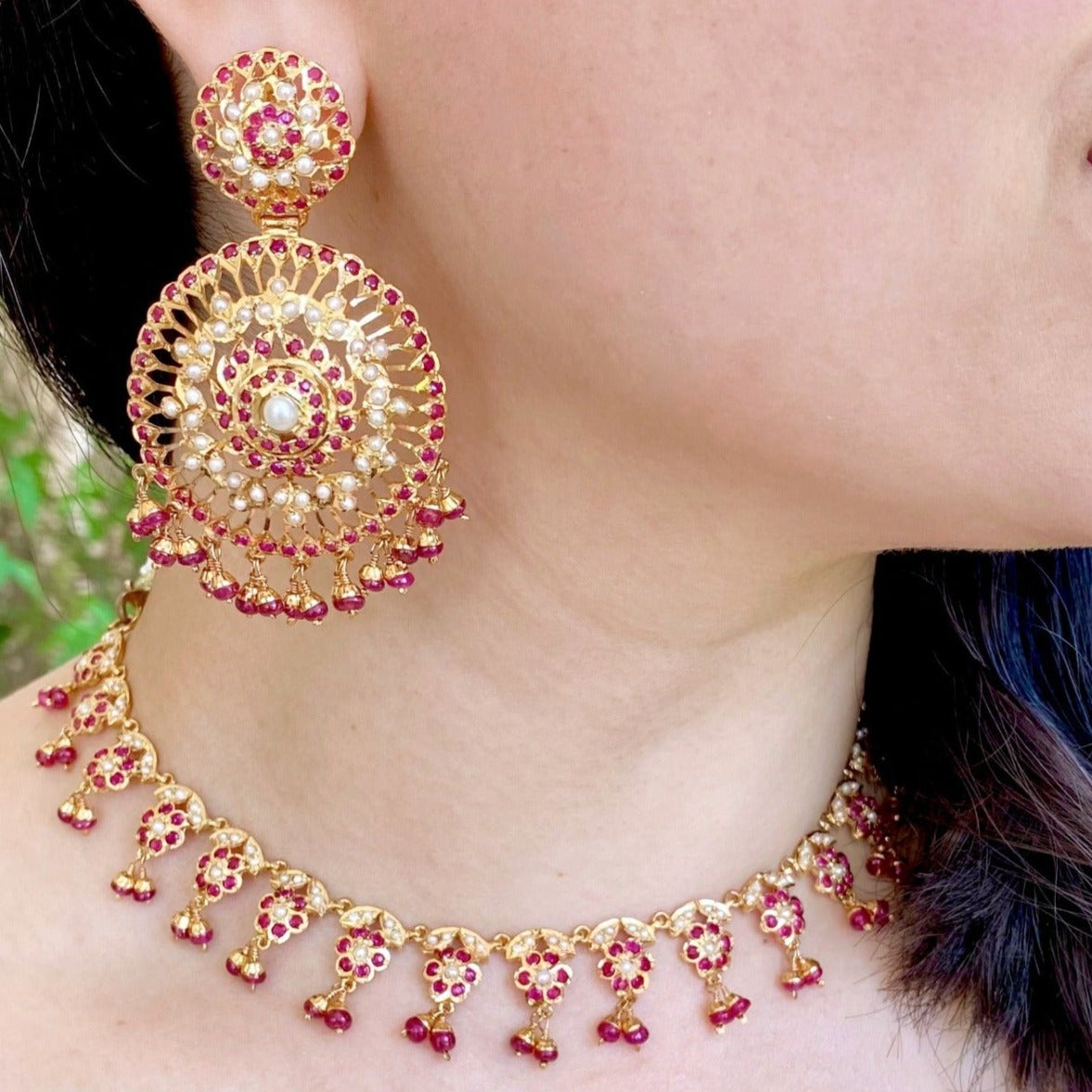 Dainty Jadau Necklace with Statement Earrings | 925 Silver | Gold Plated NS 325