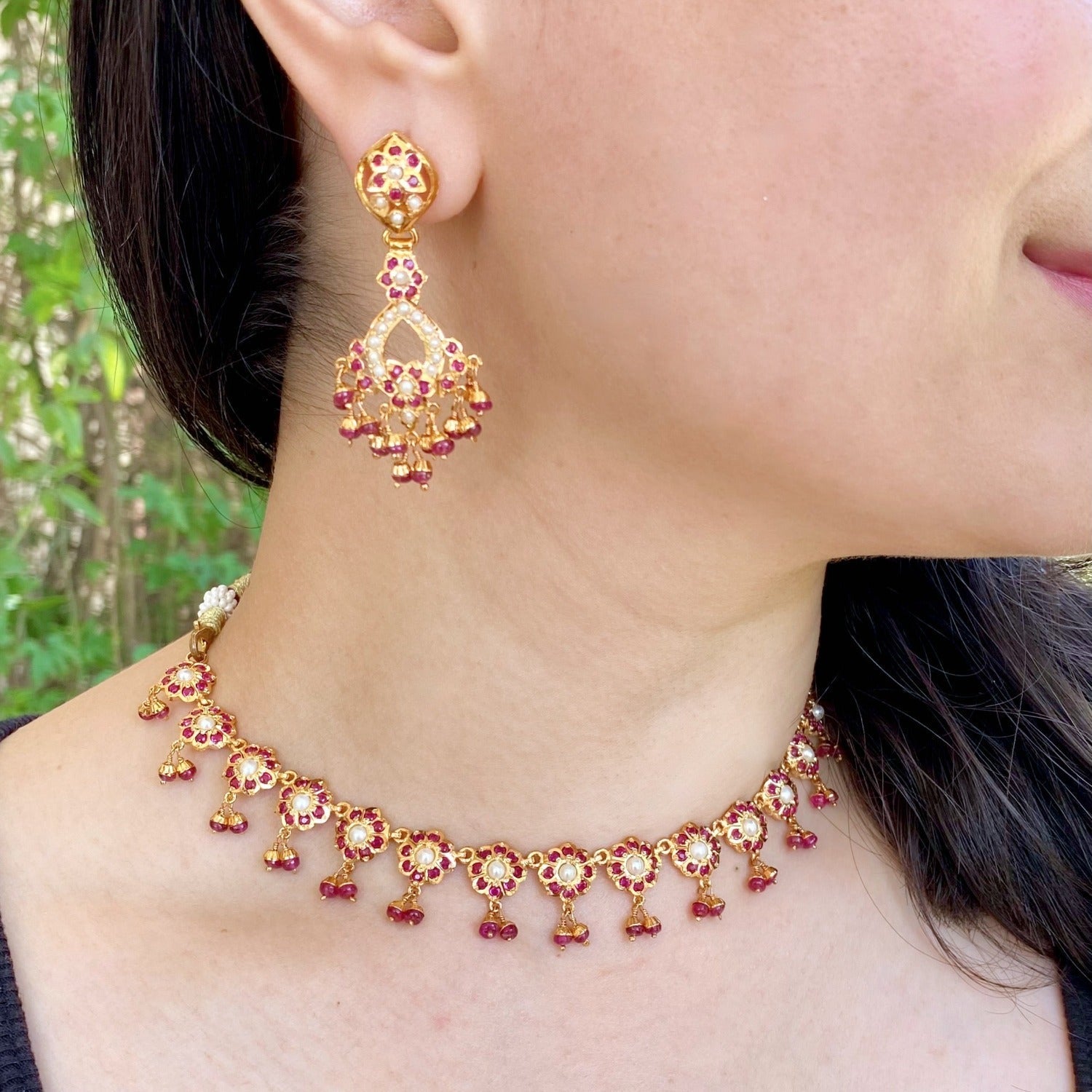 Ruby & Pearl Necklace Set | Dainty & Delicate Jadau Jewelry For Women NS 324