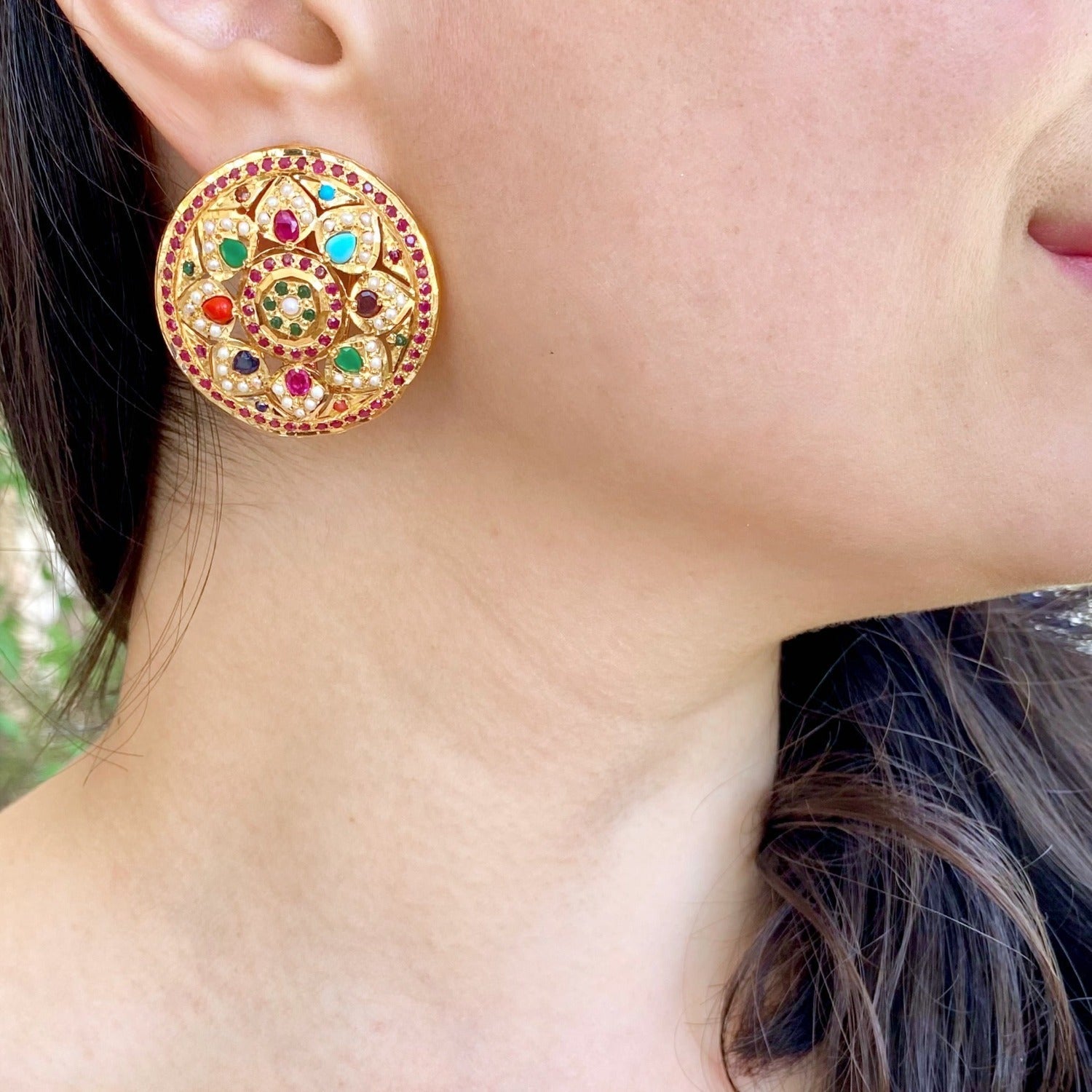 large round navratan jadau earrings