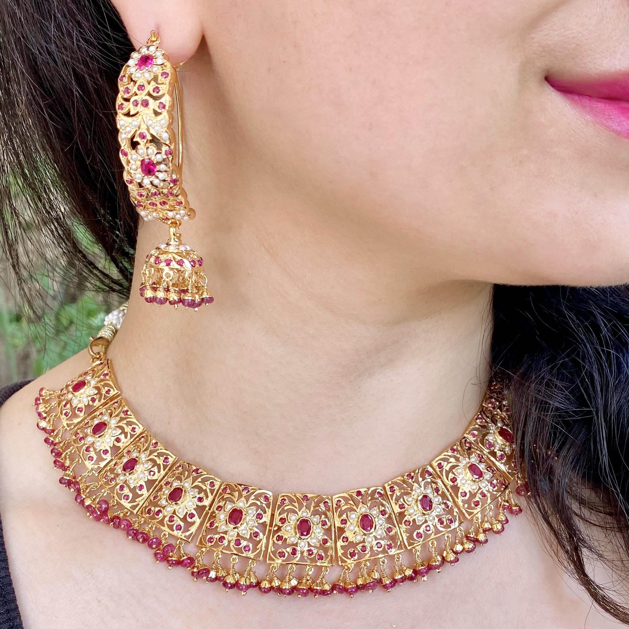 Jadau Necklace with Jhumkas | Broad Necklace with Dandi Jhumki NS 478