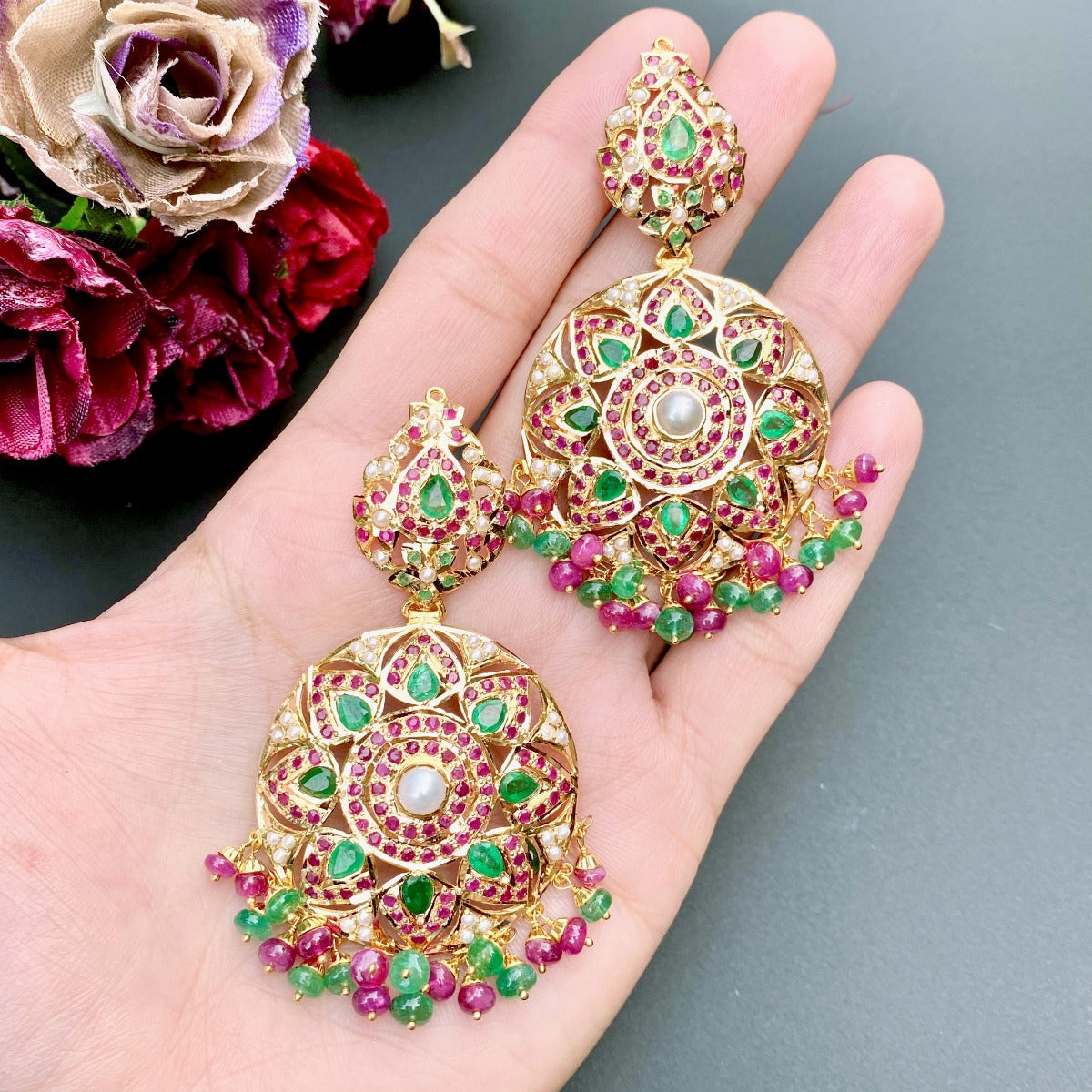 hyderabadi earrings ruby emerald pearl