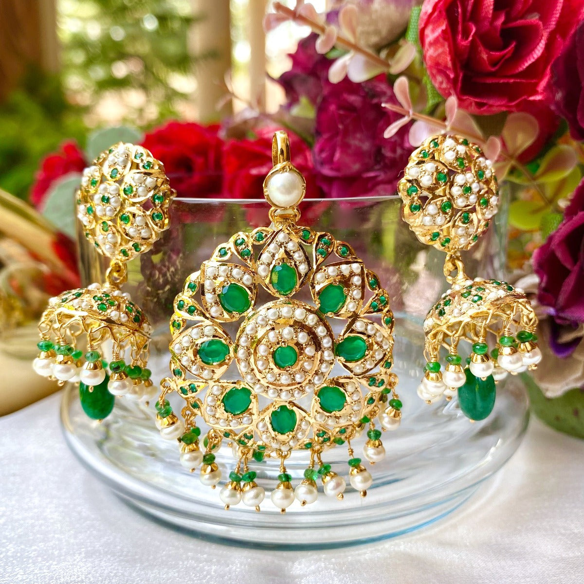 jadau pendant with jhumka earrings