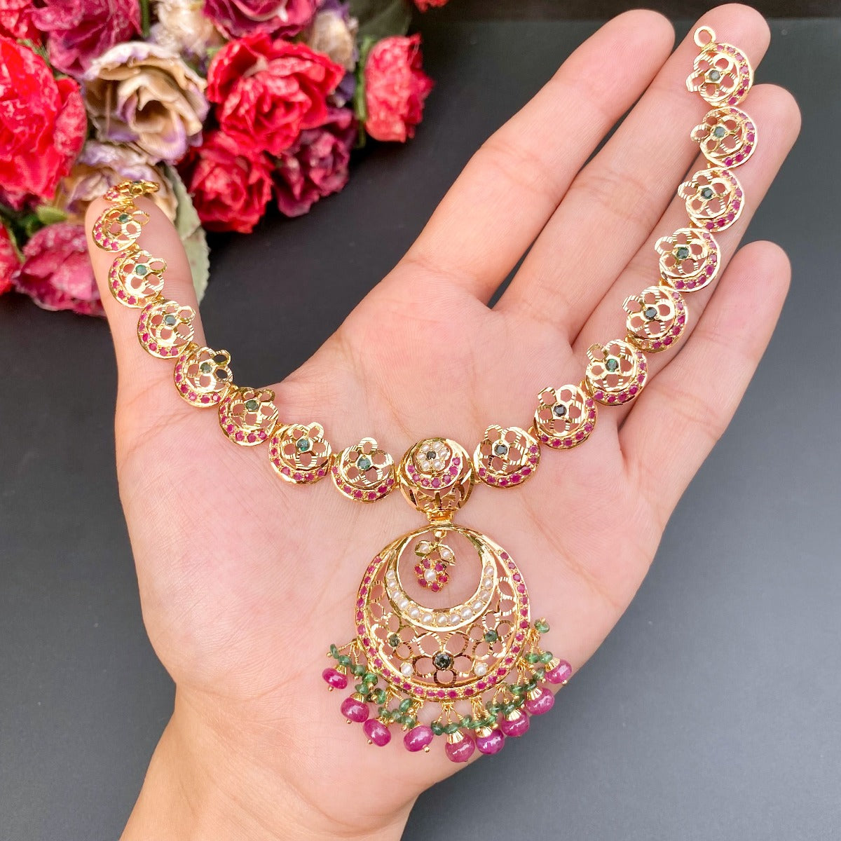 Multicoloured Floral Jadau Necklace in 22ct Gold GNS 115