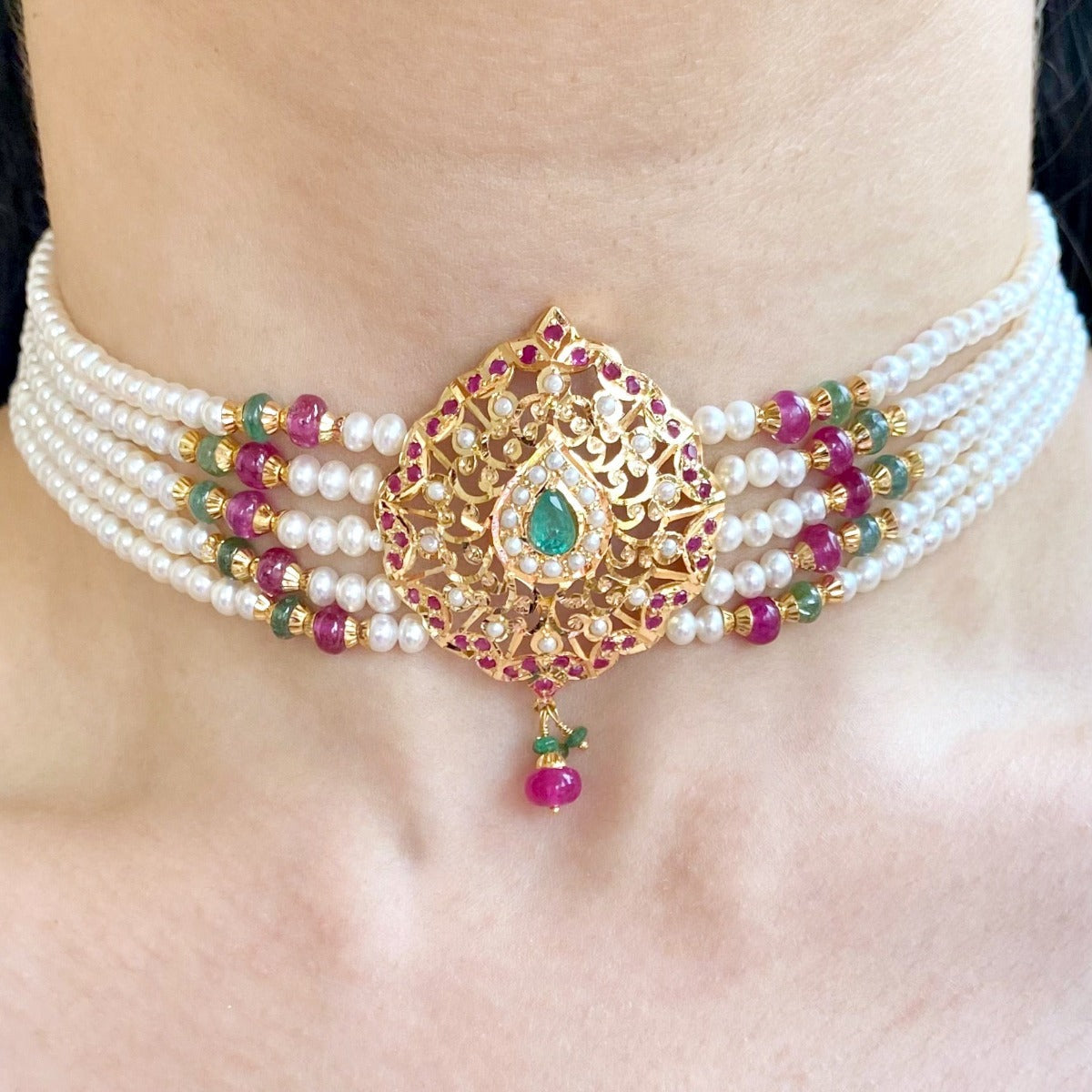 ruby emerald pearl studded choker