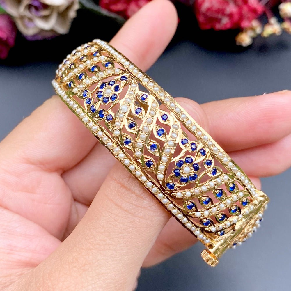 gold plated jadau kada in pearl and neelam