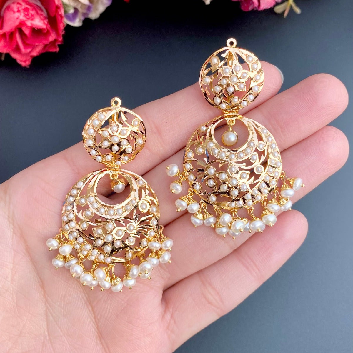 pearl chandbalis in real gold tanishq