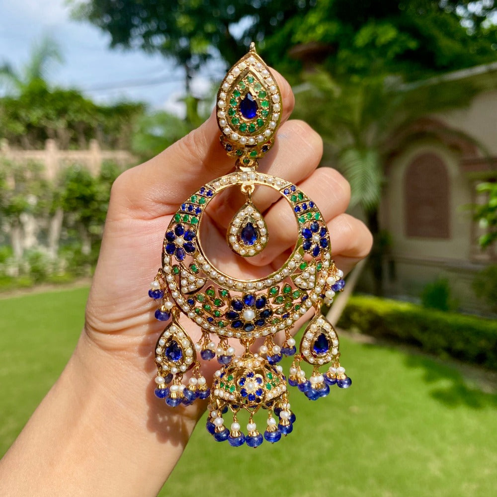 tall oversized chandbali earrings with colorstones