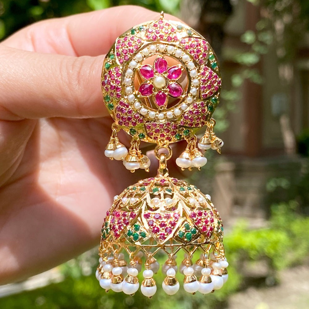 jadau jhumka in gold plated silver