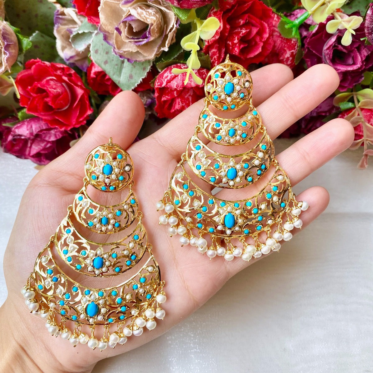 long indian feroza earrings on sterling silver with gold plating