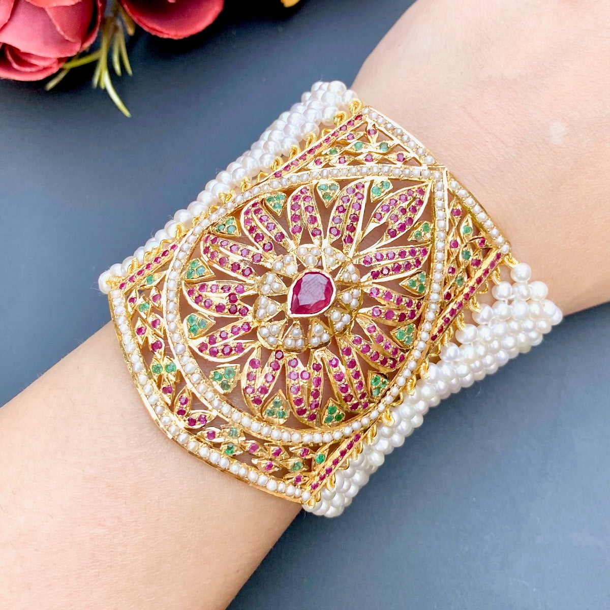 mughal bajubandh bahi in 22k gold with real ruby emerald