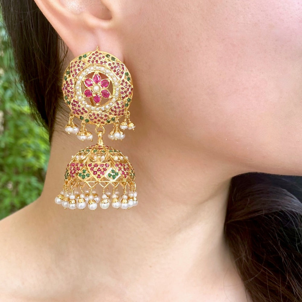 Gold Plated Bridal Jhumka Earrings | Sterling Silver | Studded with stones ER 533