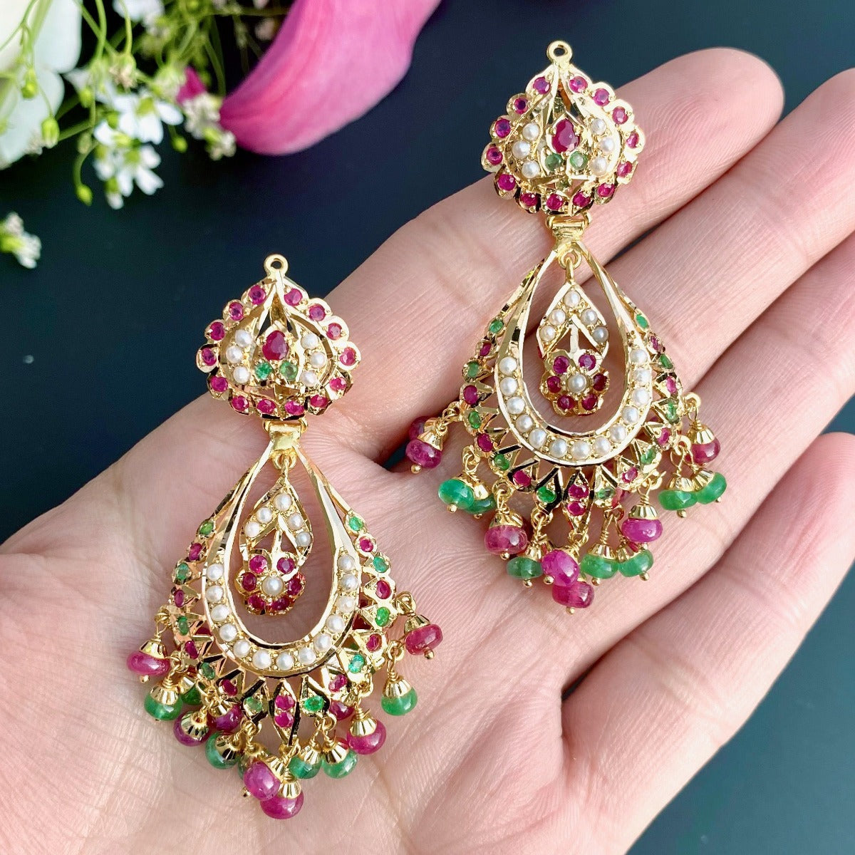 ruby emerald chandbali earrings