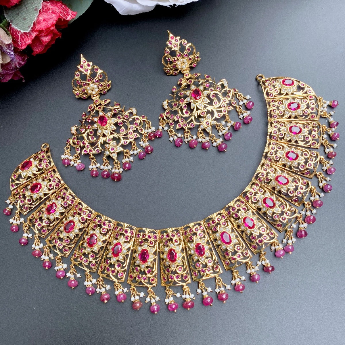 bridal indian necklace paired with statement earrings online