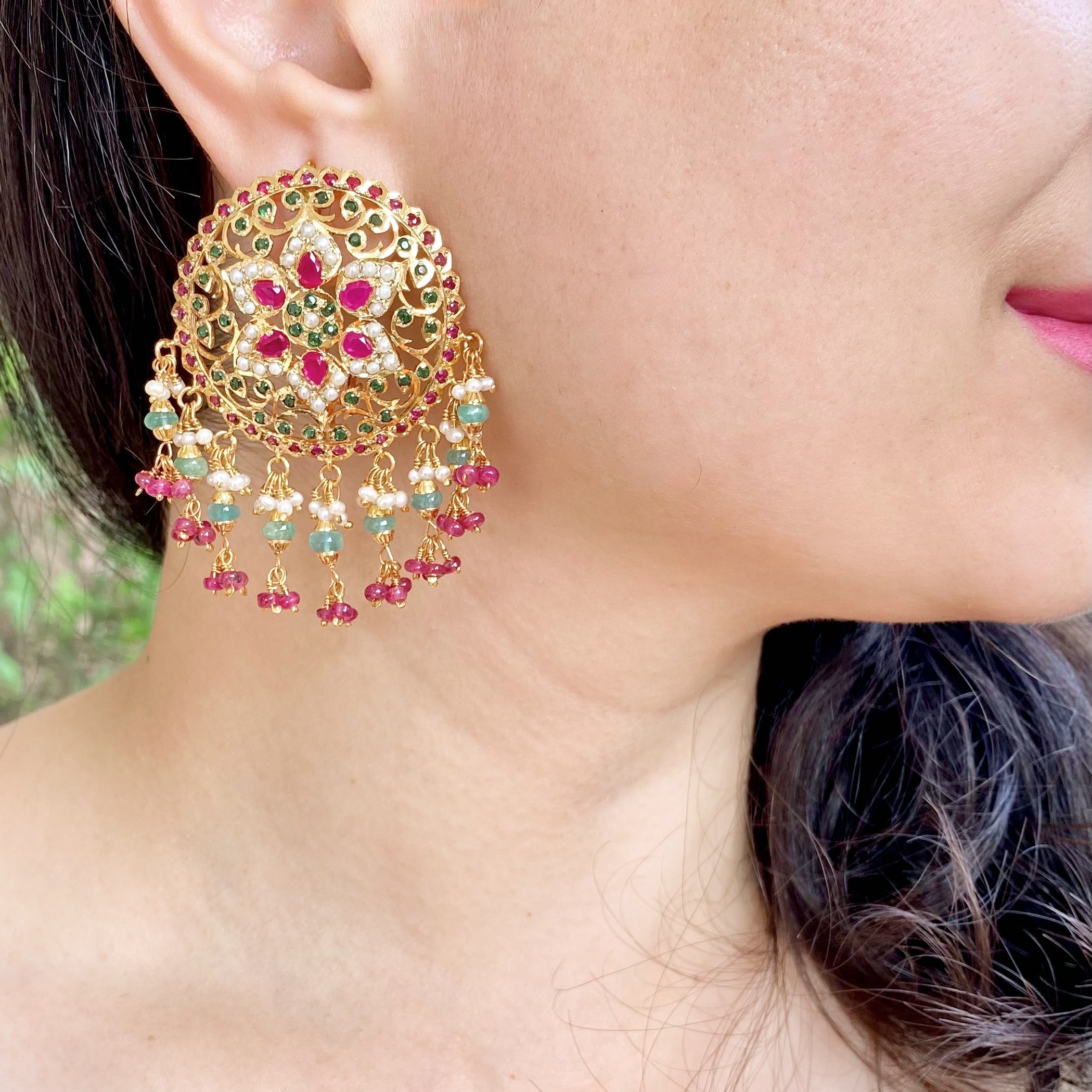 Statement Jadau Stud Earrings | Bridal Round Tops | Gold Plated ER 593