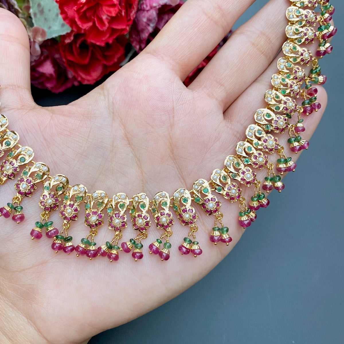 Multicoloured Delicate Necklace with Jhumkis in 22ct Gold GNS 093