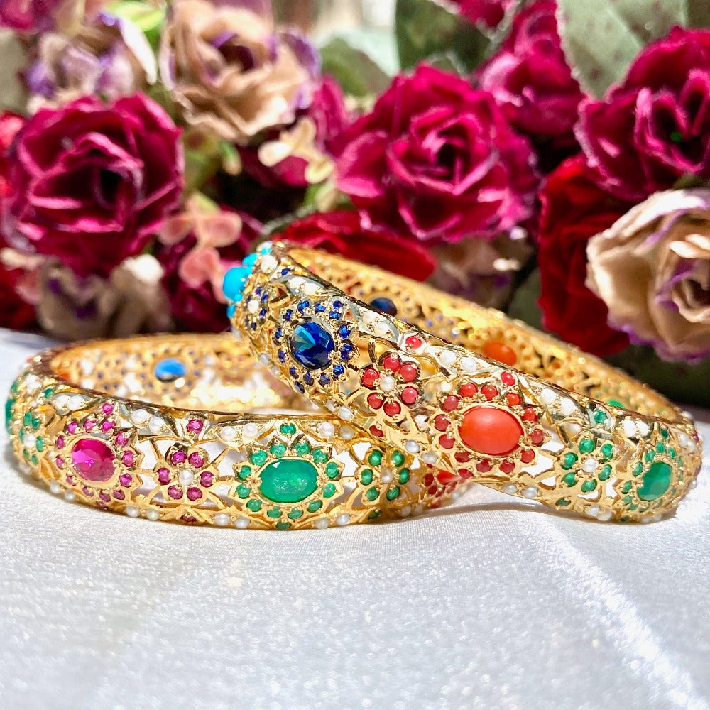 Navaratna bangle in gold plated silver