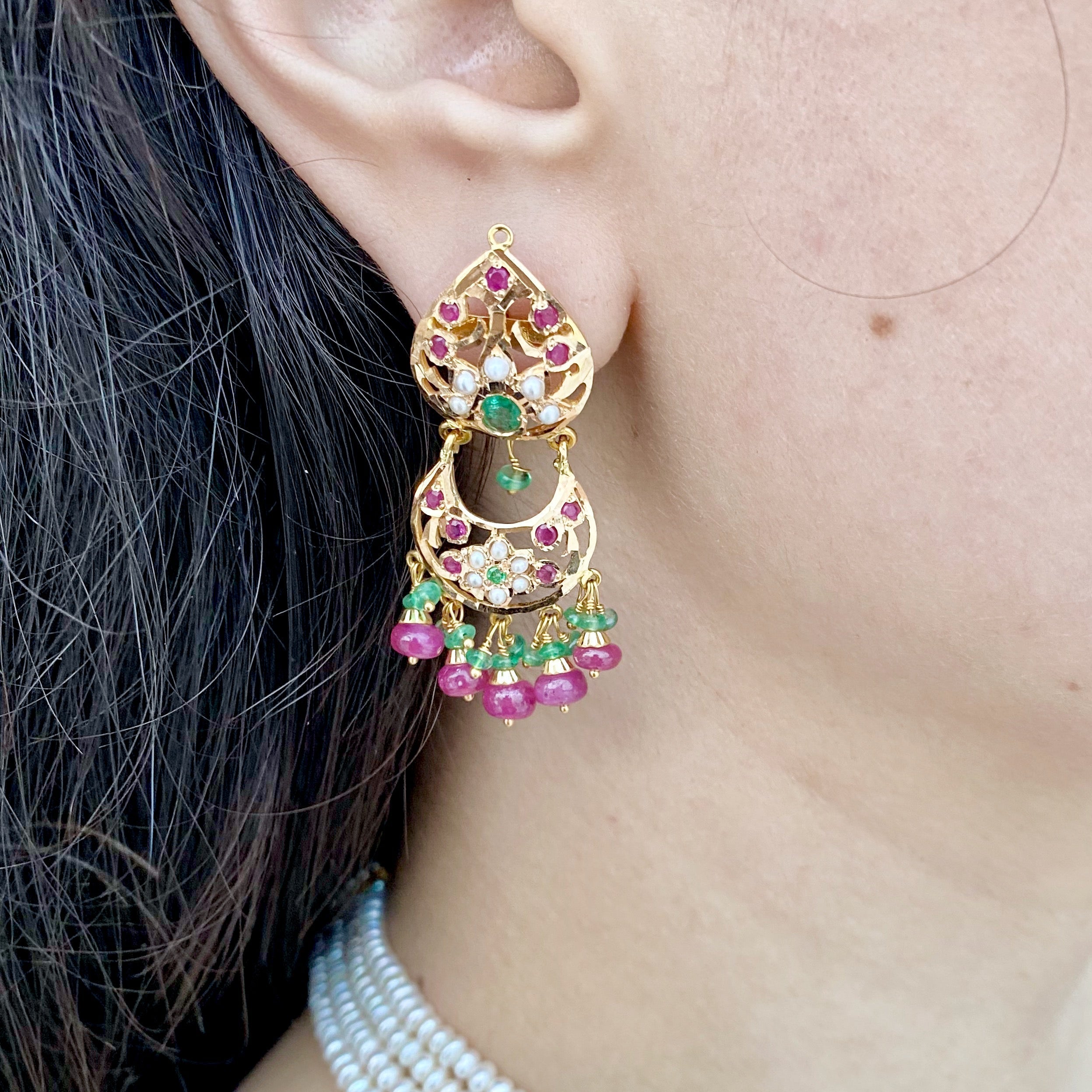 small indian rani haar set with ruby emerald and pearls in 22k gold