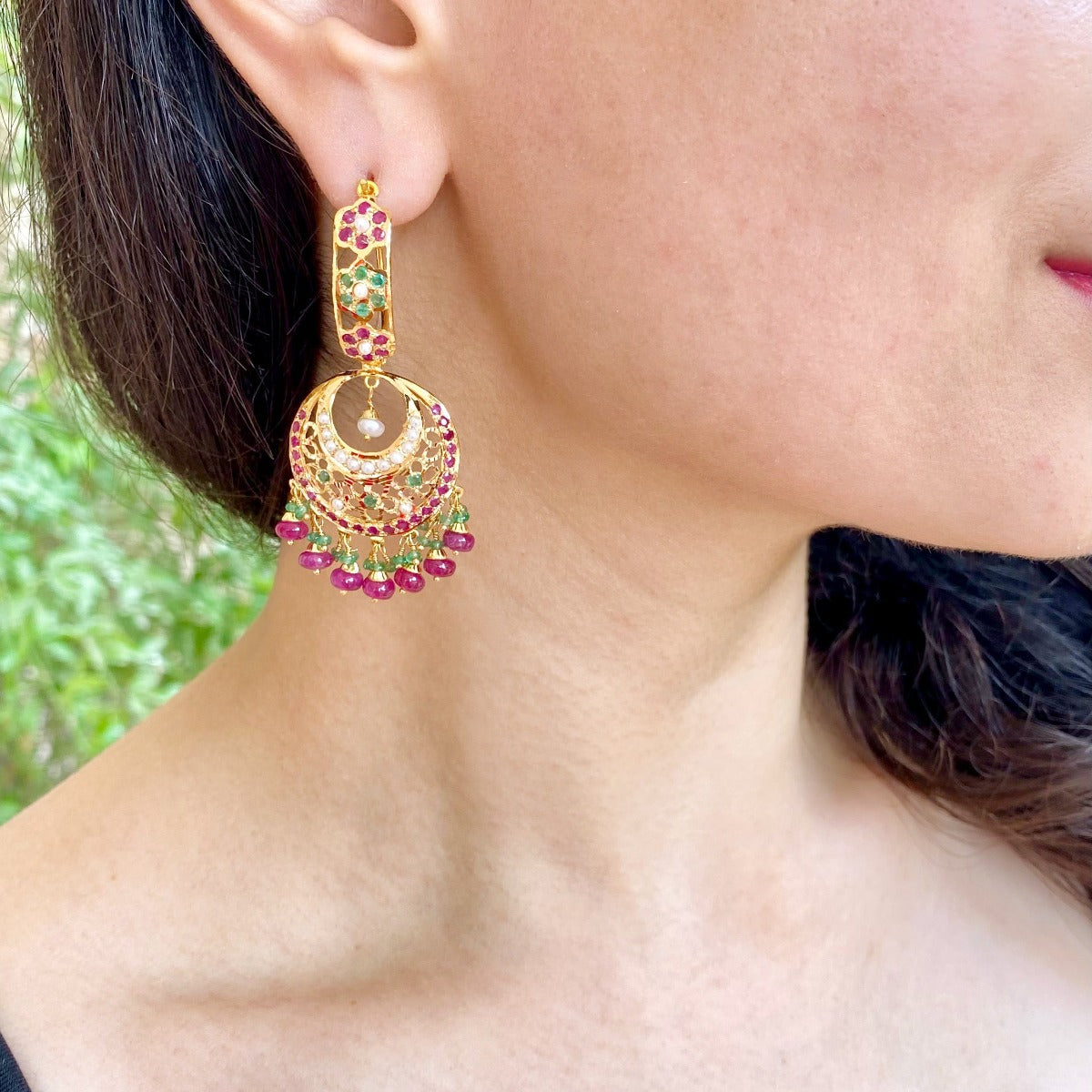 Multicoloured Traditional Jadau Earrings in 22ct Gold GER 059