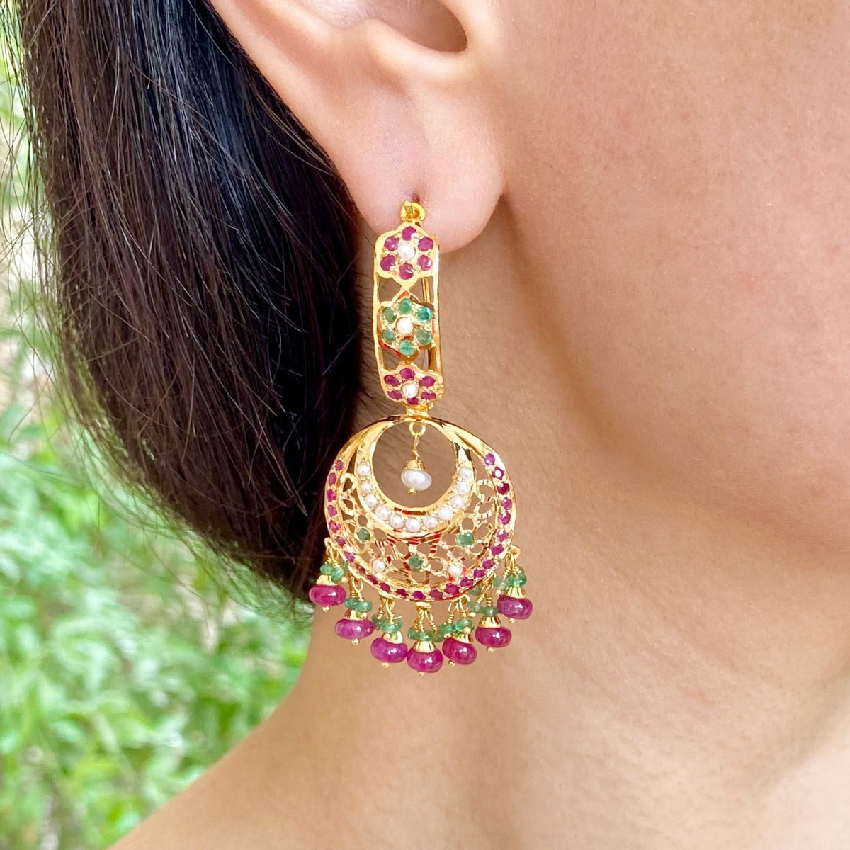 Multicoloured Traditional Jadau Earrings in 22ct Gold GER 059