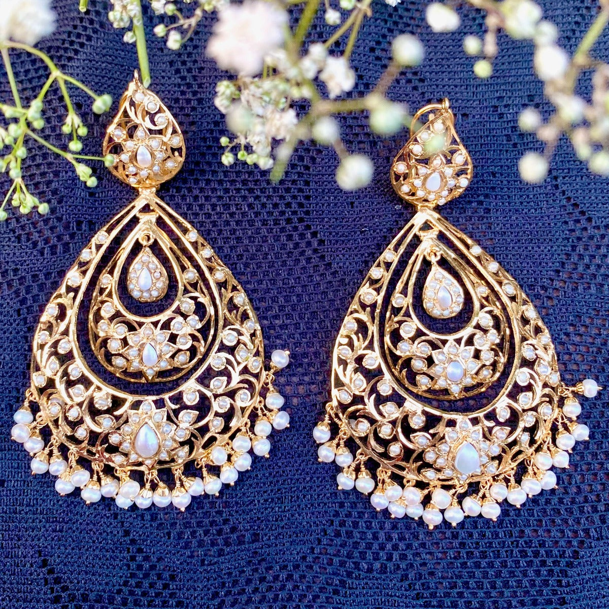 antique long drop shaped pearl chandbalis