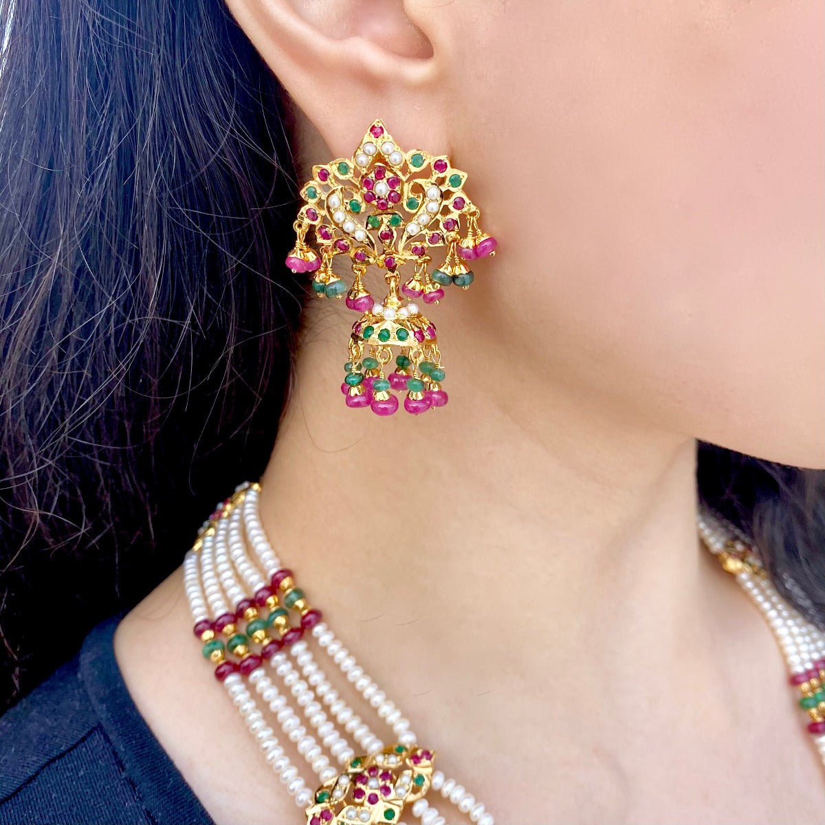 jadau rani haar with jhumka earrings