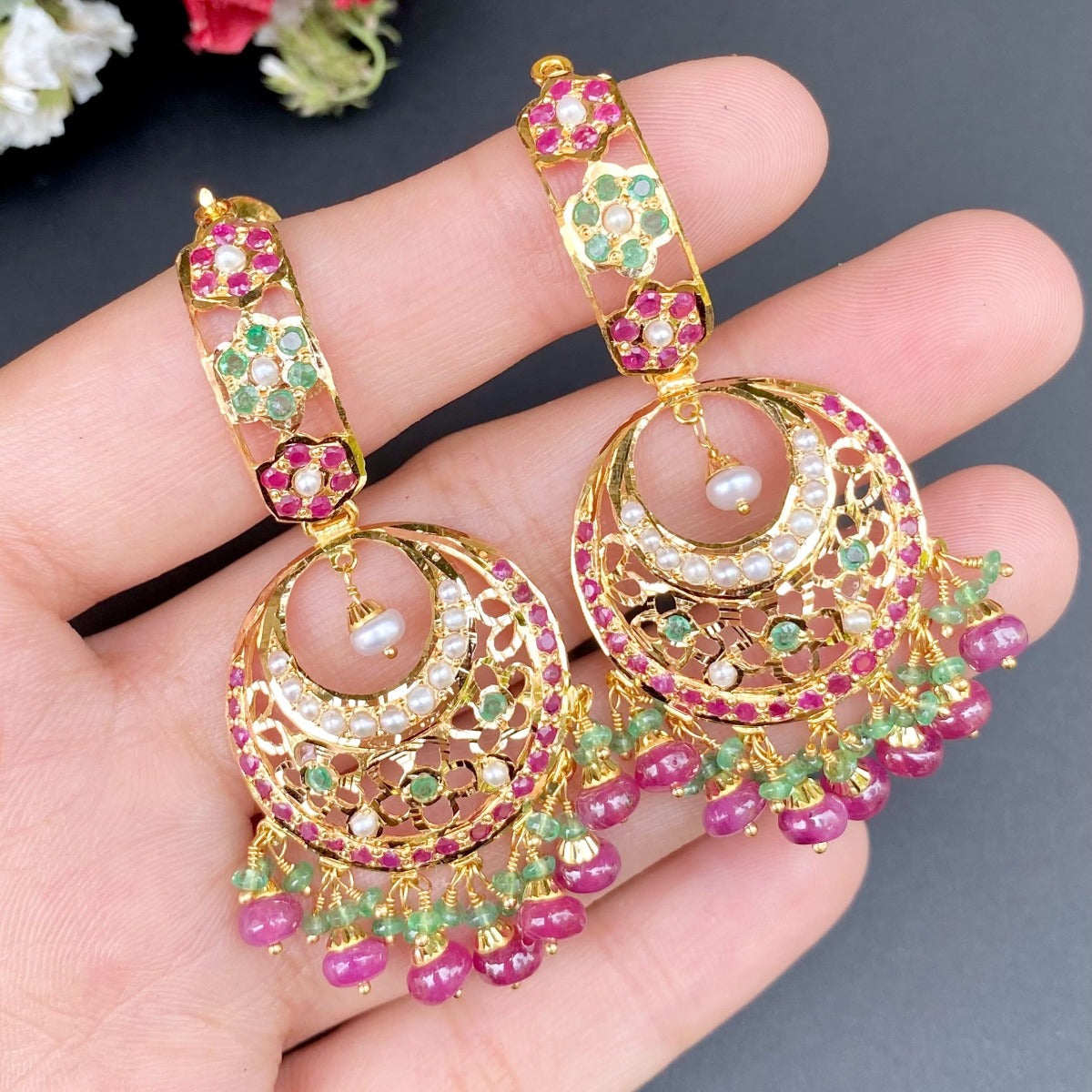 Multicoloured Traditional Jadau Earrings in 22ct Gold GER 059