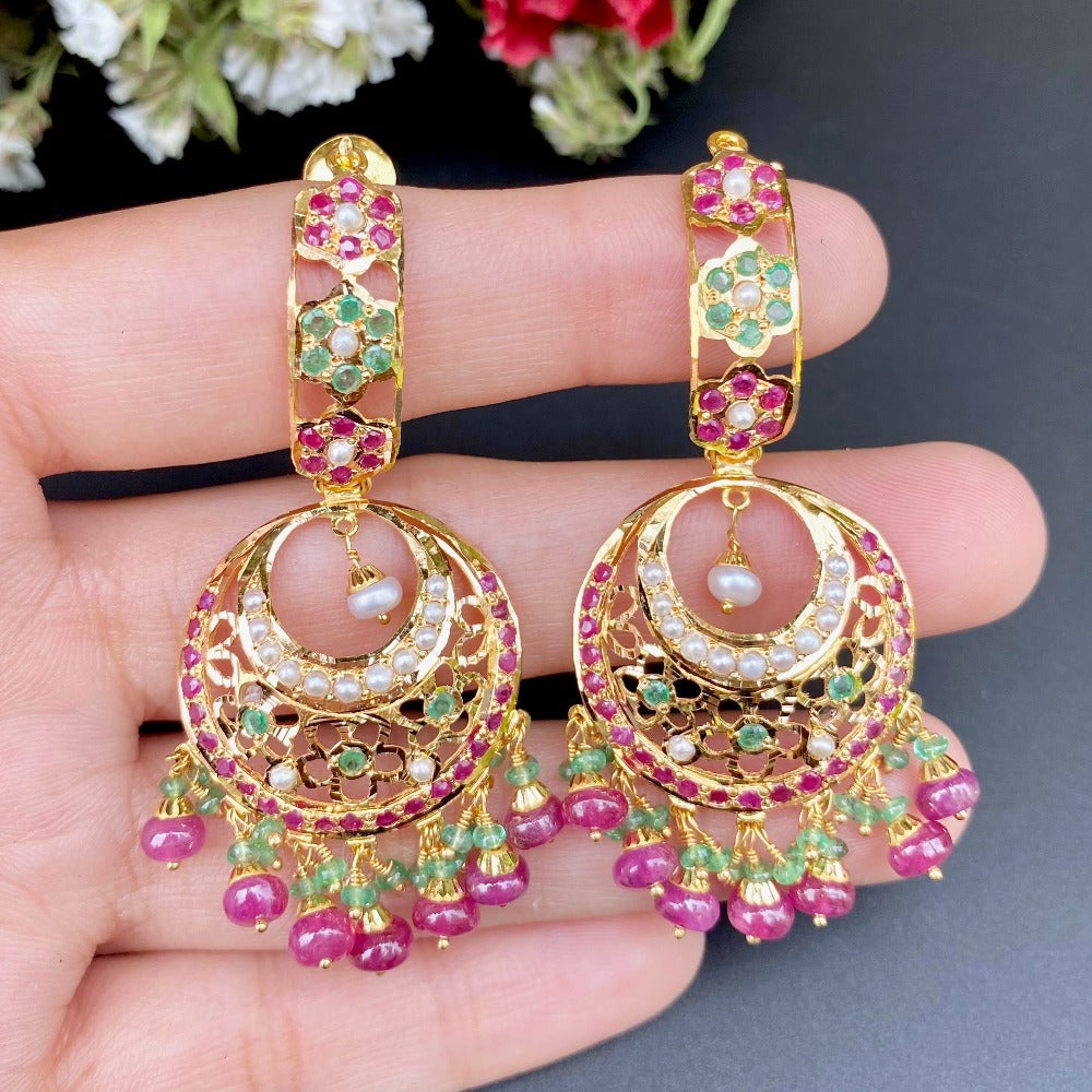 Multicoloured Traditional Jadau Earrings in 22ct Gold GER 059