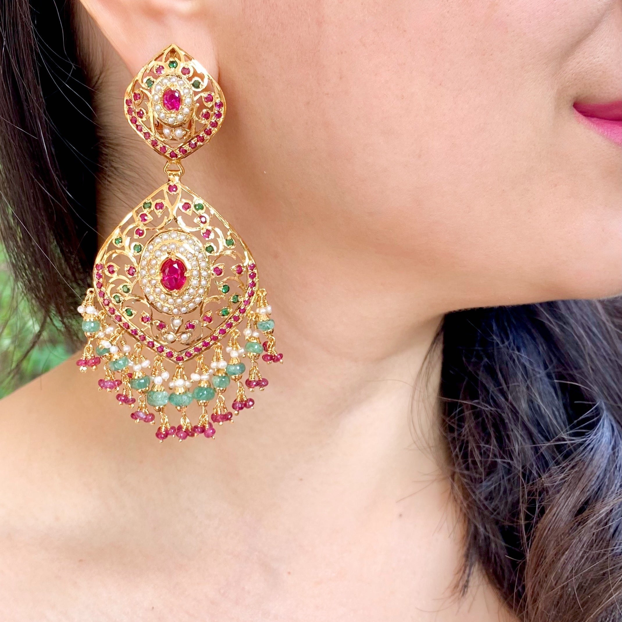 Statement Jadau Earrings | Ruby Emerald Earrings Online ER 622