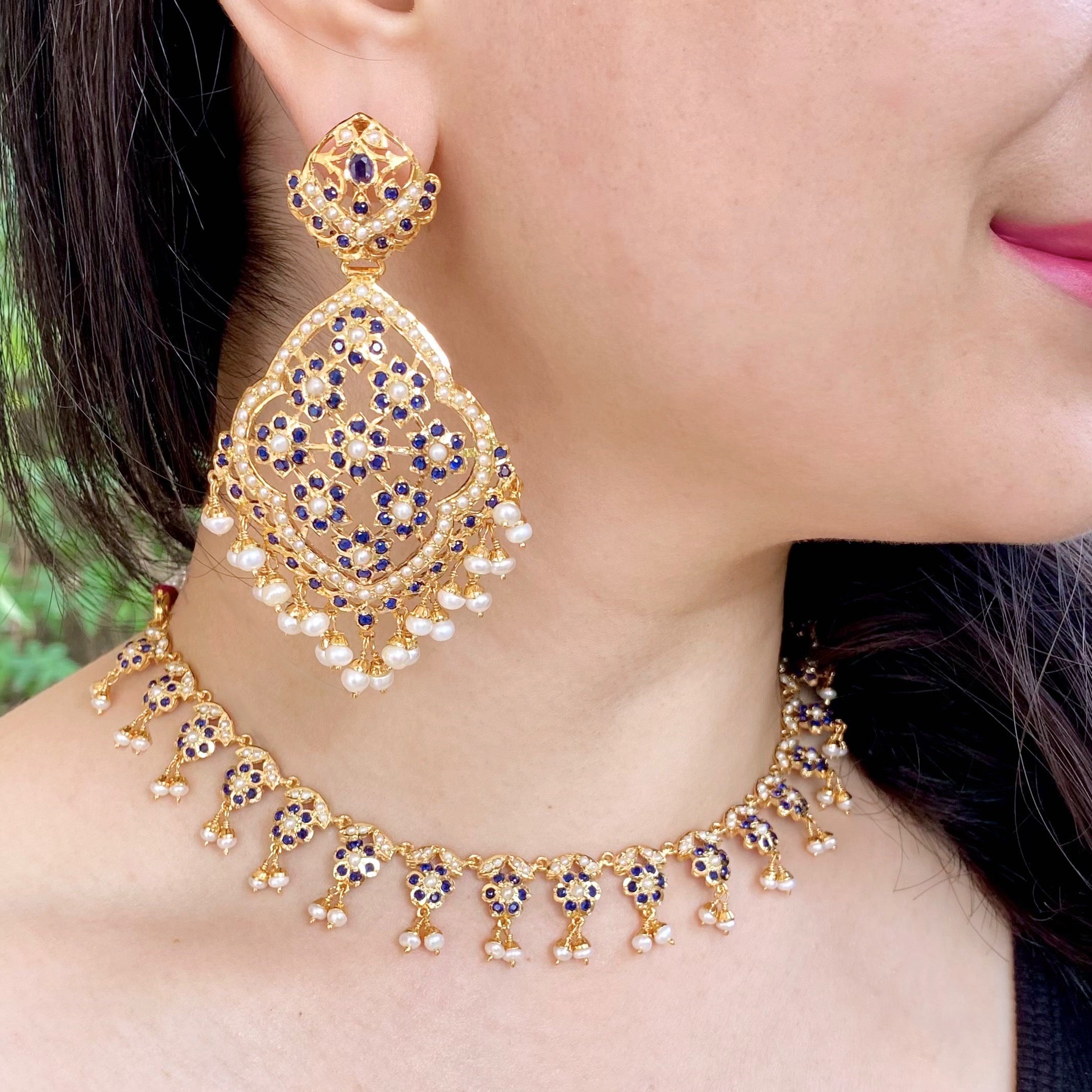 Dainty Neelam Necklace | Statement Floral Earrings | Indian Jewelry For Women NS 337